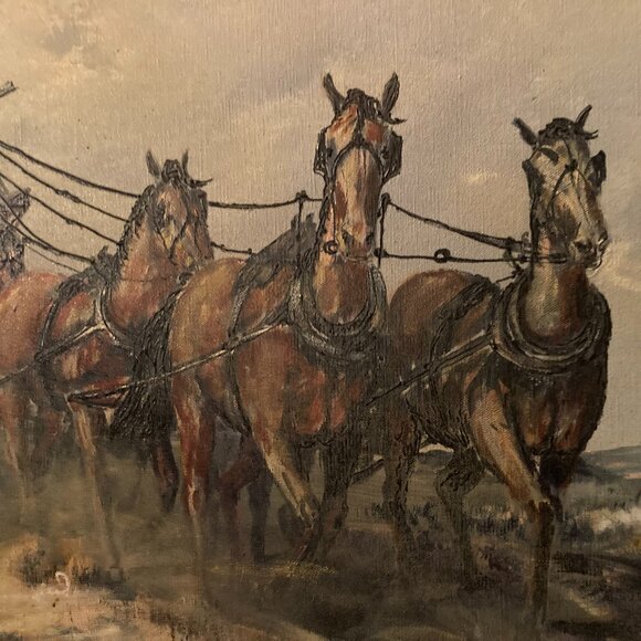 Vintage Oil Painting American Texas Artist Cecil Young Stagecoach Old Wild West - Picture 2 of 6